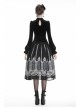 High Collar Front Chest Splice Embroidery Mesh Frill Cuff Black Gothic Velvet T-Shirt