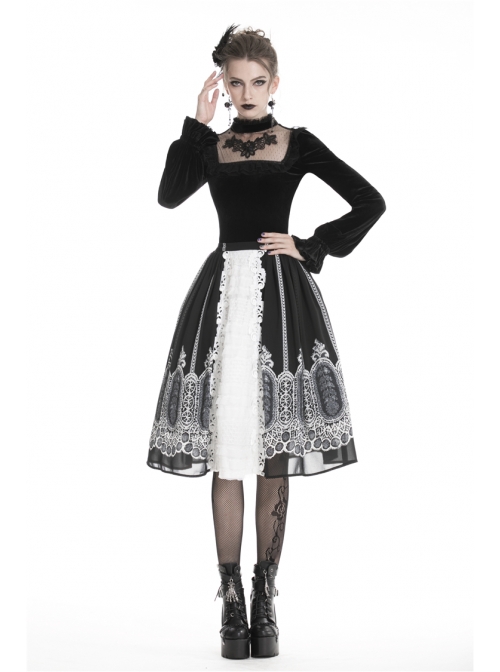 High Collar Front Chest Splice Embroidery Mesh Frill Cuff Black Gothic Velvet T-Shirt