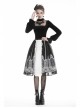 High Collar Front Chest Splice Embroidery Mesh Frill Cuff Black Gothic Velvet T-Shirt