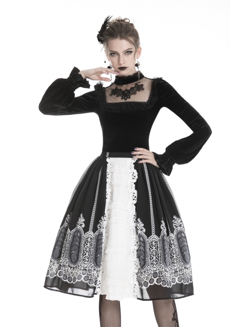 High Collar Front Chest Splice Embroidery Mesh Frill Cuff Black Gothic Velvet T-Shirt