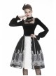 High Collar Front Chest Splice Embroidery Mesh Frill Cuff Black Gothic Velvet T-Shirt