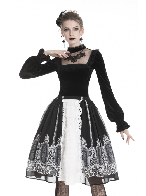 High Collar Front Chest Splice Embroidery Mesh Frill Cuff Black Gothic Velvet T-Shirt
