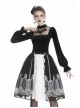 High Collar Front Chest Splice Embroidery Mesh Frill Cuff Black Gothic Velvet T-Shirt