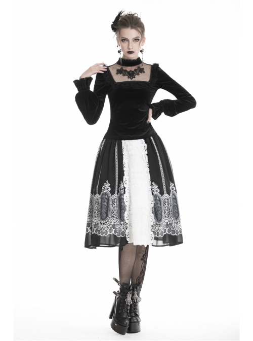 High Collar Front Chest Splice Embroidery Mesh Frill Cuff Black Gothic Velvet T-Shirt