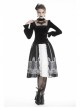 High Collar Front Chest Splice Embroidery Mesh Frill Cuff Black Gothic Velvet T-Shirt