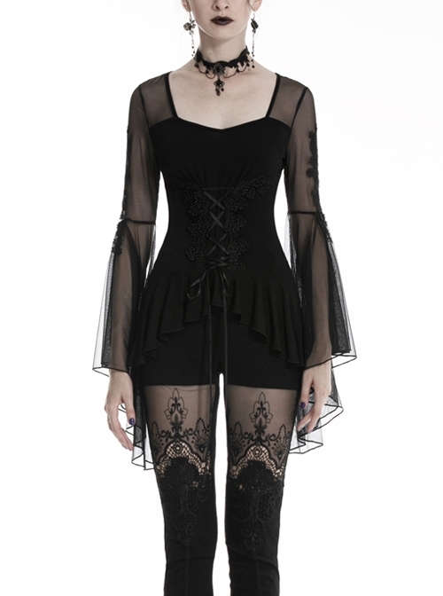 Front Waist Decals Lace-Up Mesh Flower Sleeve Black Gothic T-Shirt