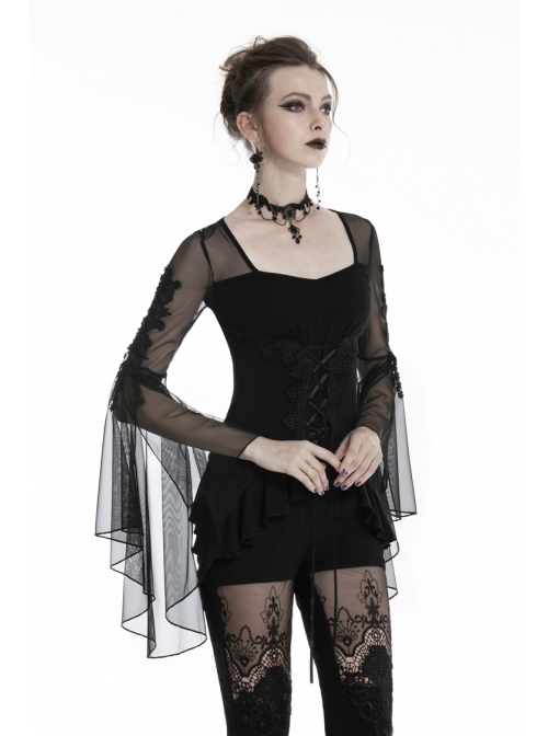 Front Waist Decals Lace-Up Mesh Flower Sleeve Black Gothic T-Shirt