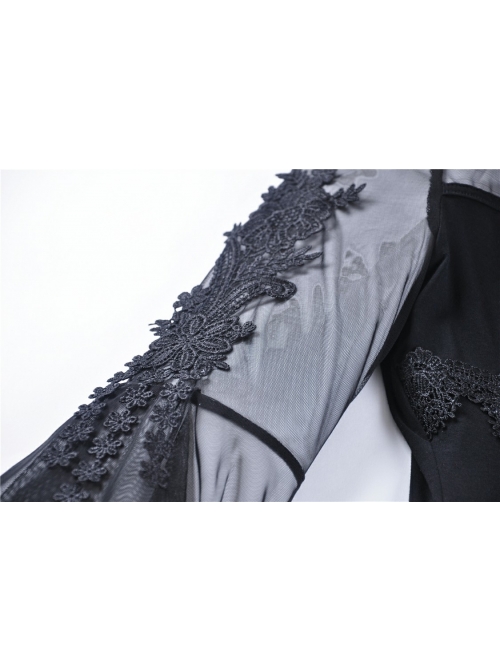 Front Waist Decals Lace-Up Mesh Flower Sleeve Black Gothic T-Shirt