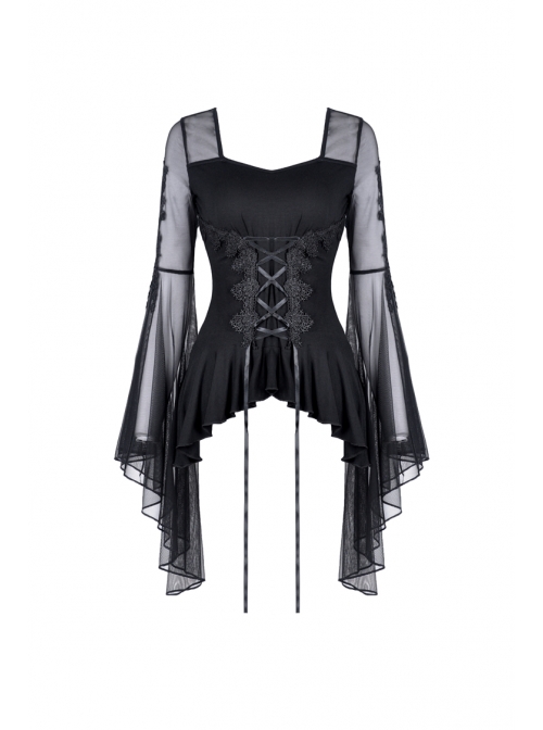 Front Waist Decals Lace-Up Mesh Flower Sleeve Black Gothic T-Shirt