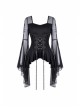 Front Waist Decals Lace-Up Mesh Flower Sleeve Black Gothic T-Shirt