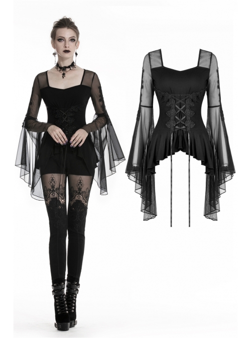 Front Waist Decals Lace-Up Mesh Flower Sleeve Black Gothic T-Shirt