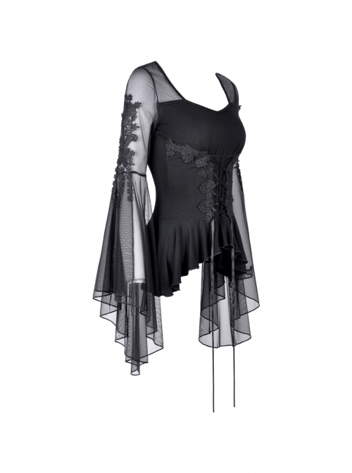 Front Waist Decals Lace-Up Mesh Flower Sleeve Black Gothic T-Shirt