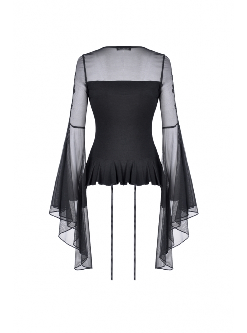 Front Waist Decals Lace-Up Mesh Flower Sleeve Black Gothic T-Shirt