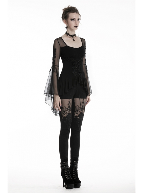 Front Waist Decals Lace-Up Mesh Flower Sleeve Black Gothic T-Shirt