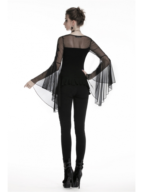 Front Waist Decals Lace-Up Mesh Flower Sleeve Black Gothic T-Shirt