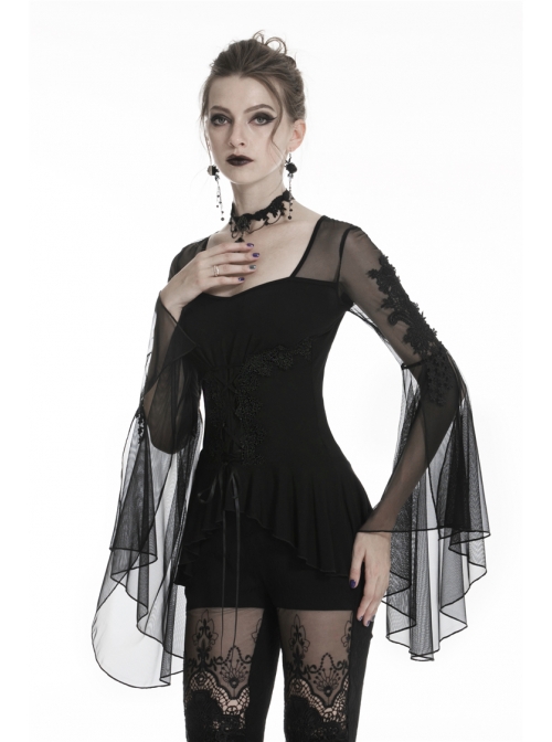 Front Waist Decals Lace-Up Mesh Flower Sleeve Black Gothic T-Shirt