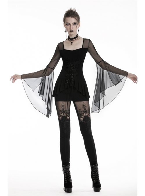 Front Waist Decals Lace-Up Mesh Flower Sleeve Black Gothic T-Shirt