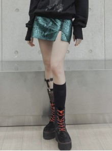 Steam Punk Female Black Green Snake Printed Zipper Short Skirt
