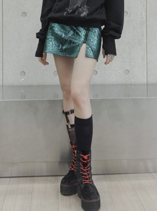 Steam Punk Female Black Green Snake Printed Zipper Short Skirt