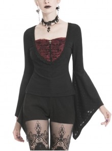 Front Chest Splice Wine Red Jacquard Flare Sleeve Black Gothic T-Shirt