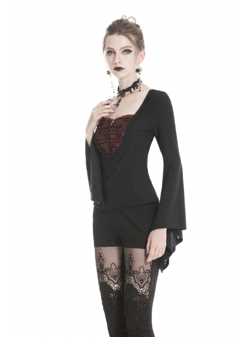 Front Chest Splice Wine Red Jacquard Flare Sleeve Black Gothic T-Shirt