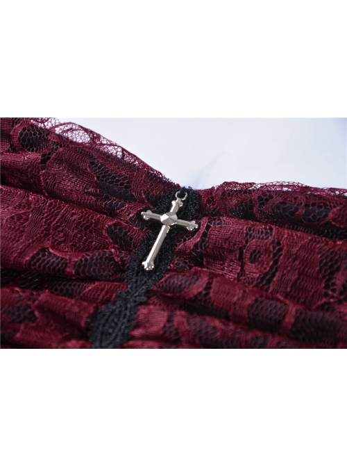 Front Chest Splice Wine Red Jacquard Flare Sleeve Black Gothic T-Shirt