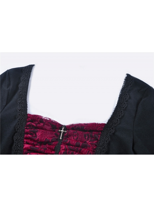 Front Chest Splice Wine Red Jacquard Flare Sleeve Black Gothic T-Shirt