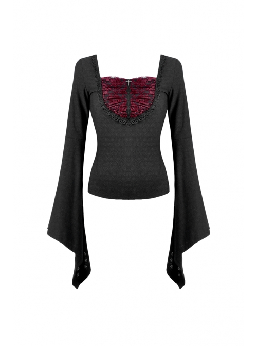 Front Chest Splice Wine Red Jacquard Flare Sleeve Black Gothic T-Shirt