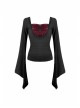 Front Chest Splice Wine Red Jacquard Flare Sleeve Black Gothic T-Shirt