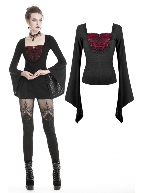 Front Chest Splice Wine Red Jacquard Flare Sleeve Black Gothic T-Shirt