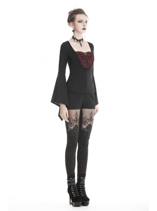 Front Chest Splice Wine Red Jacquard Flare Sleeve Black Gothic T-Shirt