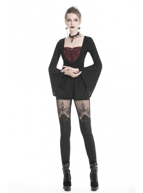 Front Chest Splice Wine Red Jacquard Flare Sleeve Black Gothic T-Shirt