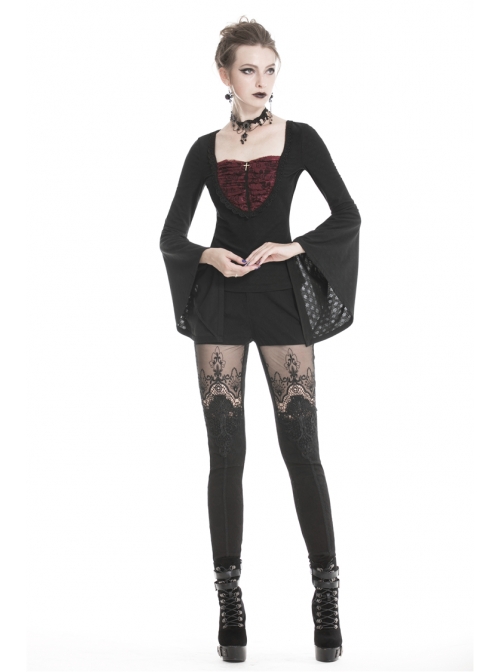 Front Chest Splice Wine Red Jacquard Flare Sleeve Black Gothic T-Shirt