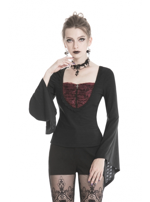 Front Chest Splice Wine Red Jacquard Flare Sleeve Black Gothic T-Shirt