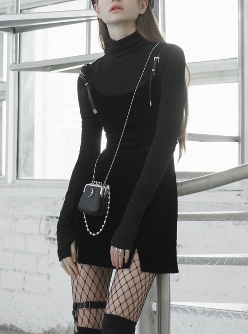Steam Punk Female Casual Black PU Leather Strap High Waist Dress