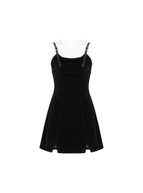 Steam Punk Female Casual Black PU Leather Strap High Waist Dress