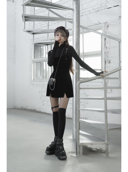 Steam Punk Female Casual Black PU Leather Strap High Waist Dress