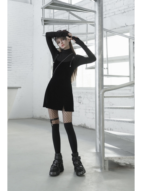 Steam Punk Female Casual Black PU Leather Strap High Waist Dress