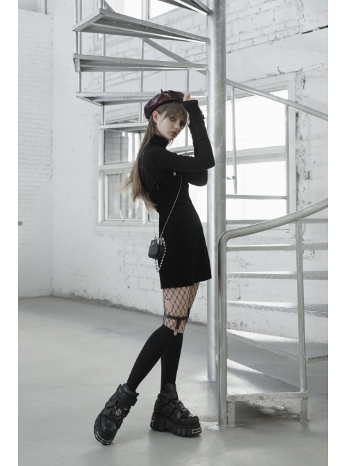 Steam Punk Female Casual Black PU Leather Strap High Waist Dress