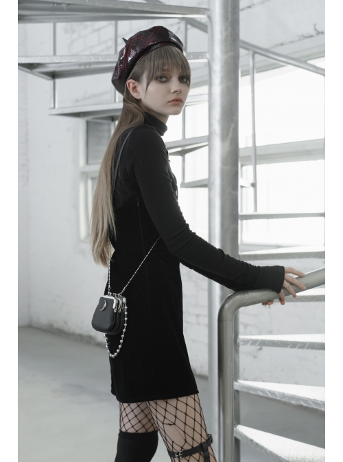 Steam Punk Female Casual Black PU Leather Strap High Waist Dress