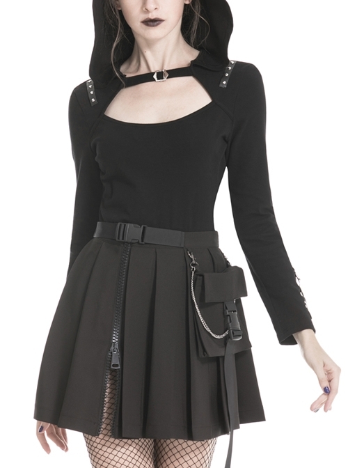 Front Hasp Shoulder Metal Nail Strap Decoration Long Sleeve Black Punk T-Shirt