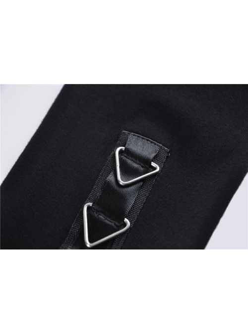 Front Hasp Shoulder Metal Nail Strap Decoration Long Sleeve Black Punk T-Shirt