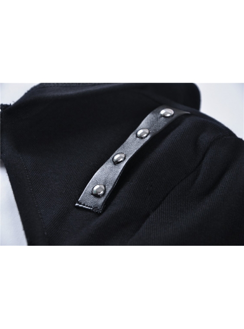 Front Hasp Shoulder Metal Nail Strap Decoration Long Sleeve Black Punk T-Shirt