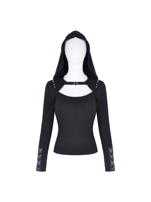 Front Hasp Shoulder Metal Nail Strap Decoration Long Sleeve Black Punk T-Shirt