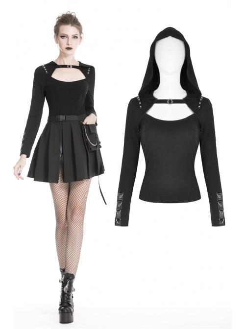 Front Hasp Shoulder Metal Nail Strap Decoration Long Sleeve Black Punk T-Shirt