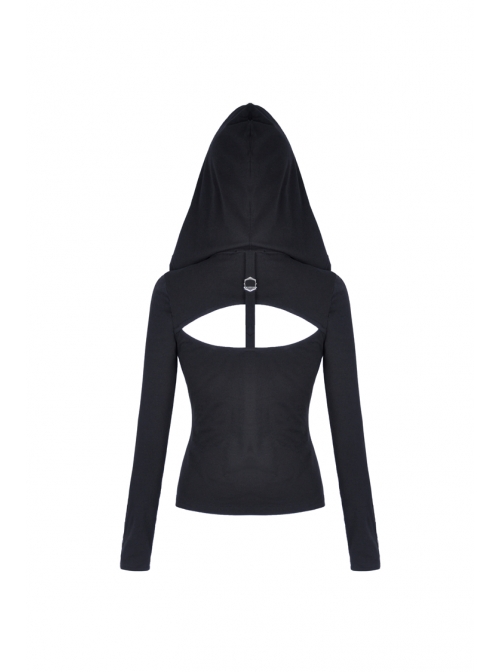 Front Hasp Shoulder Metal Nail Strap Decoration Long Sleeve Black Punk T-Shirt
