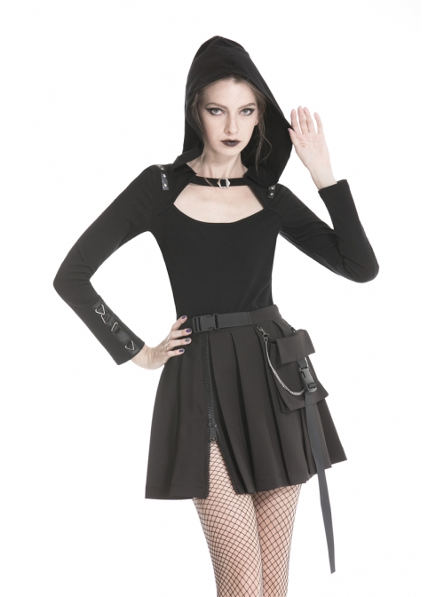 Front Hasp Shoulder Metal Nail Strap Decoration Long Sleeve Black Punk T-Shirt