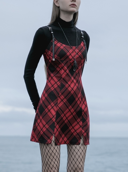 Steam Punk Female Black Red Lattice PU Leather Strap High Waist Dress
