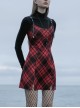 Steam Punk Female Black Red Lattice PU Leather Strap High Waist Dress