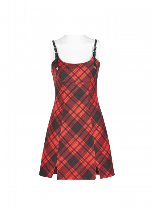 Steam Punk Female Black Red Lattice PU Leather Strap High Waist Dress